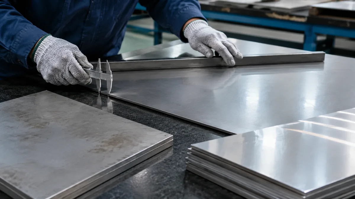 Inspector checking steel sheet surface and thickness before shipment